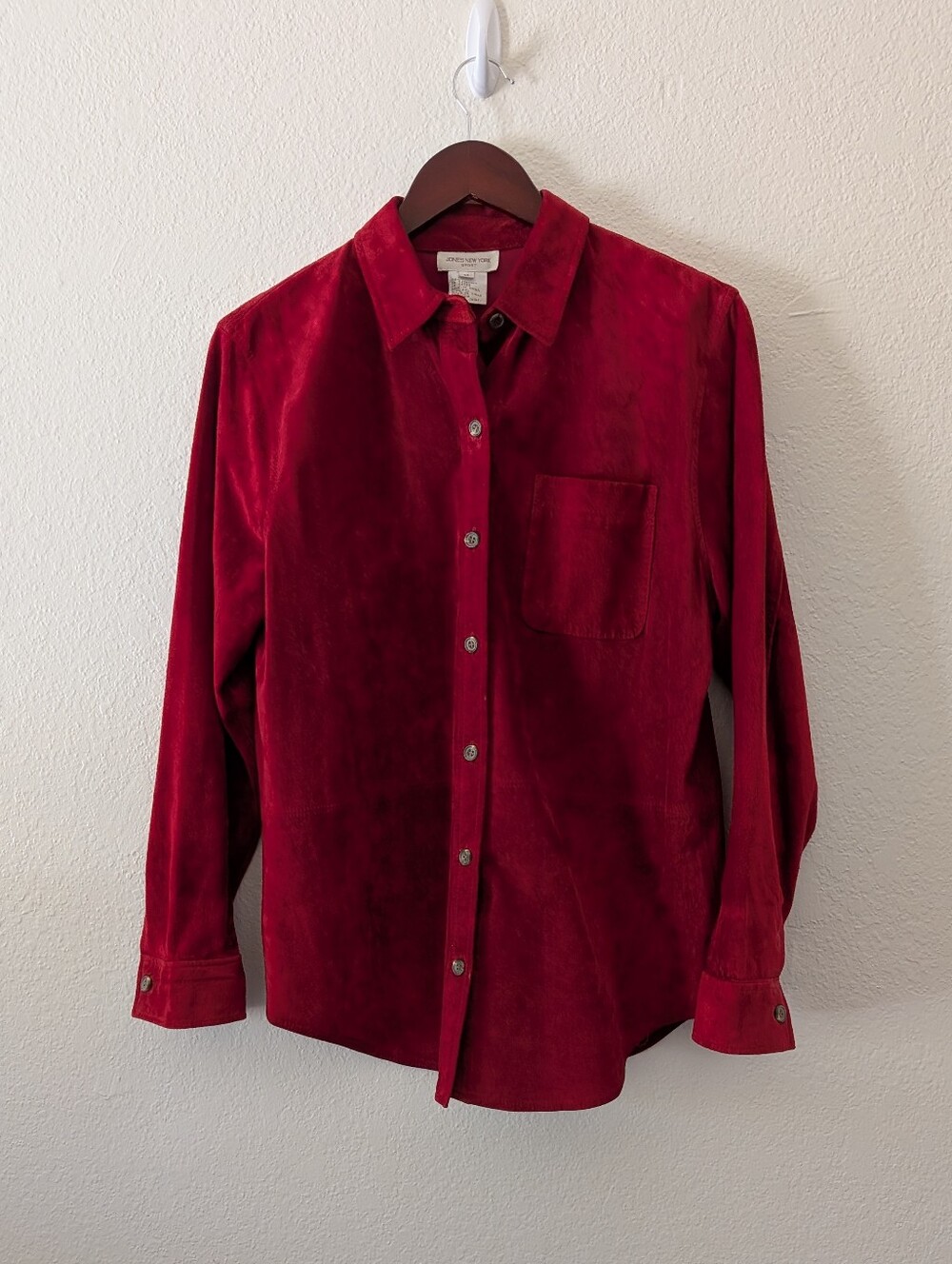 Vtg Jones New York Sport Red Suede Leather Jacket Shirt Button Down Collar Sz M